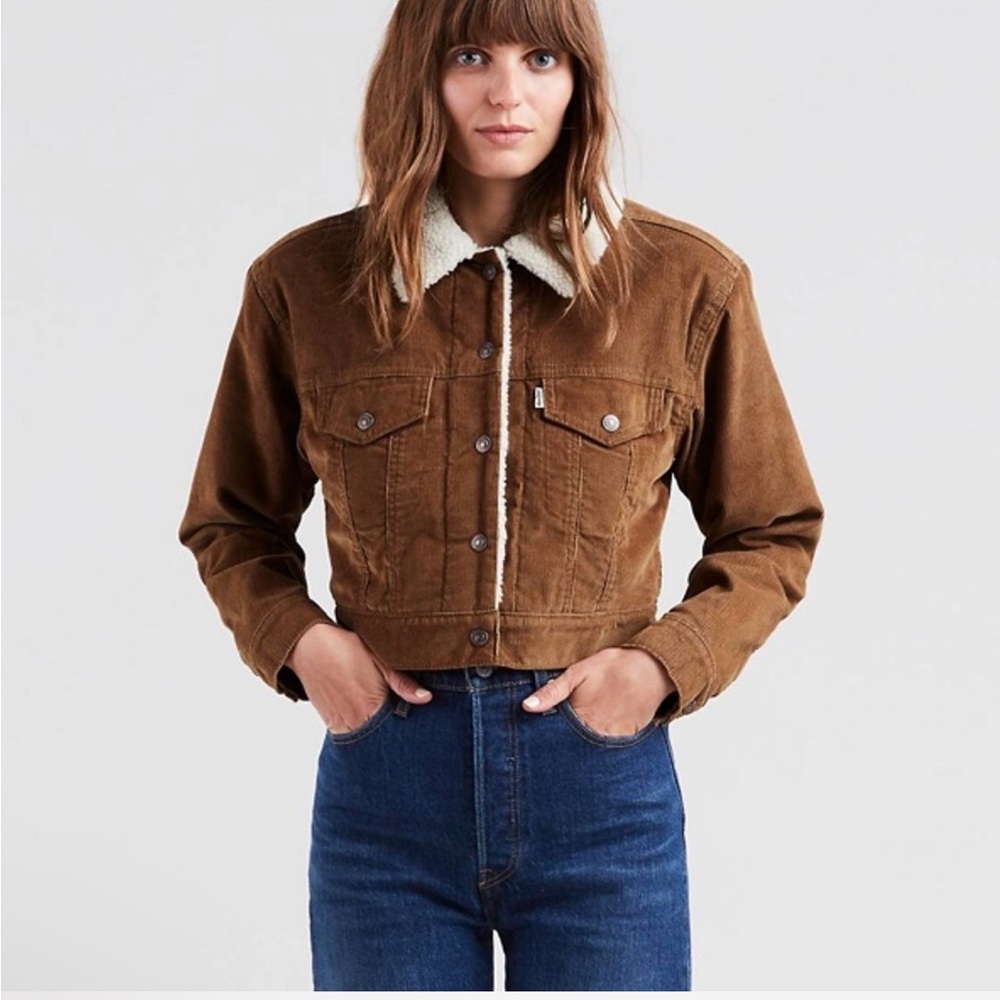 Levi's Women's Brown Corduroy Cropped Trucker Jacket with Sherpa Lining